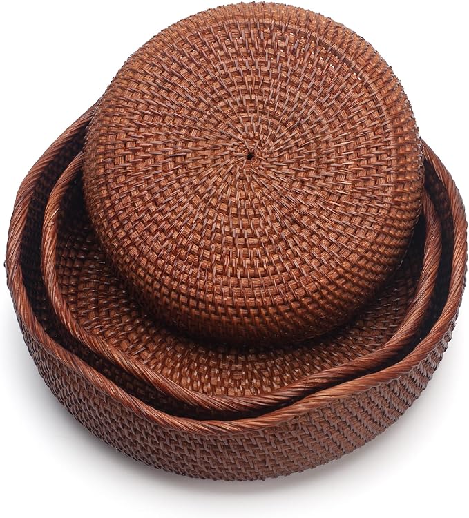 YANGQIHOME Rattan Bread Basket, Round Fruit Baskets, Wicker Storage Bowls, Natural Woven Serving Basket Bowls, Decorative Baskets for Kitchen Counter Organizing (Brown S/M/L)