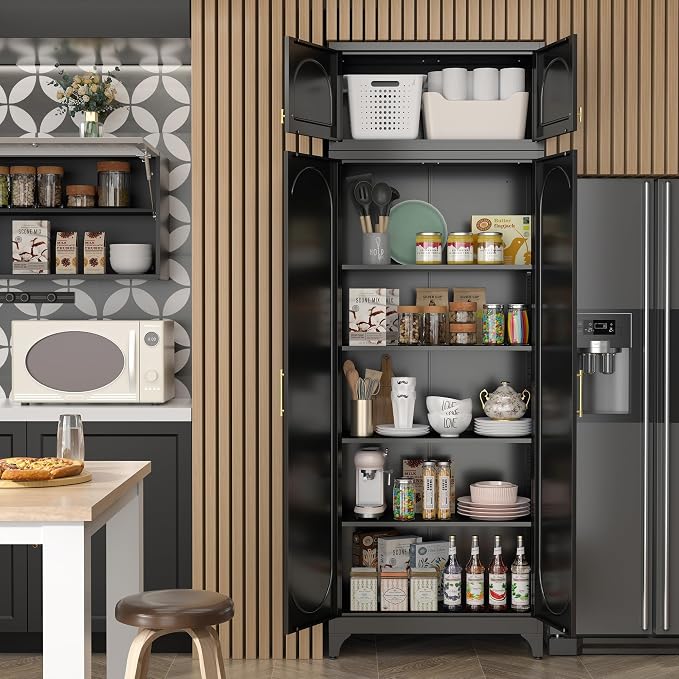 SteeLoong 90"Metal Pantry Storage Cabinet with Doors & 4 Adjustable Shelves | Kitchen Pantry Cabinet,Black Tall Pantry Cabinet for Kitchen Storage,Storage Cupboard for Living Room,Pantry,Garage,Bathroom