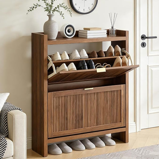 Fluted Shoe Storage Cabinet with 2 Flip Door for Entryway | Farmhouse, Walnut color, Adjustable shelves, Tabletop guardrail, Freestanding shoe storage cabinet, for Entryway/hallway
