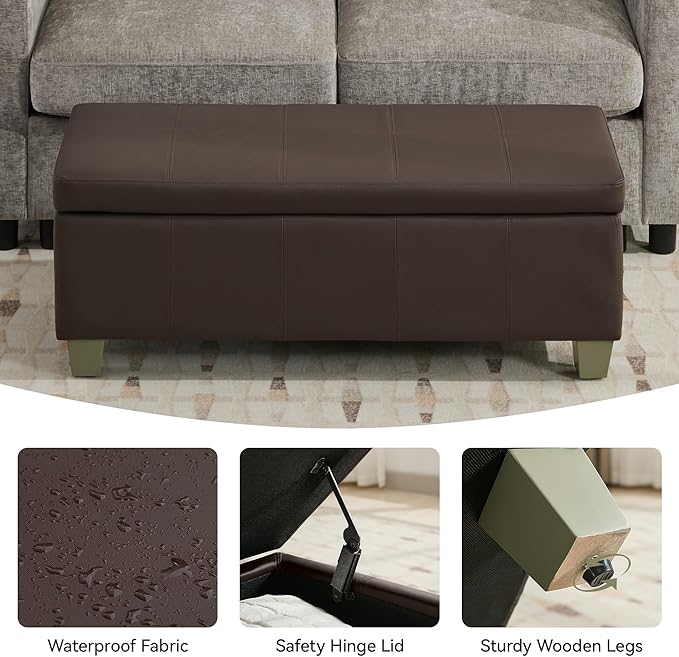 WUTUTUEE 41" Faux Leather Storage Ottoman, Stitch Tufted Rectangle Upholstered End of Bed Storage Bench, Entryway Large Couch Ottoman with Wooden Legs,Brown