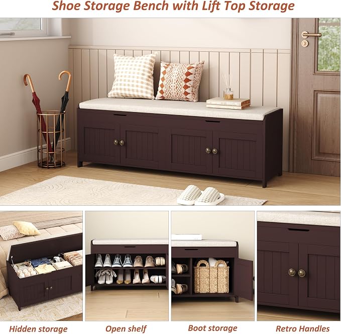HOMEFORT 54.4" Shoe Bench with Lift Top Storage, Entryway Bench with Cushioned Seat, Wooden End of Bed Bench, Shoe Cabinet Bench with Hidden Storage Space, for Bedroom, Hallway,Espresso