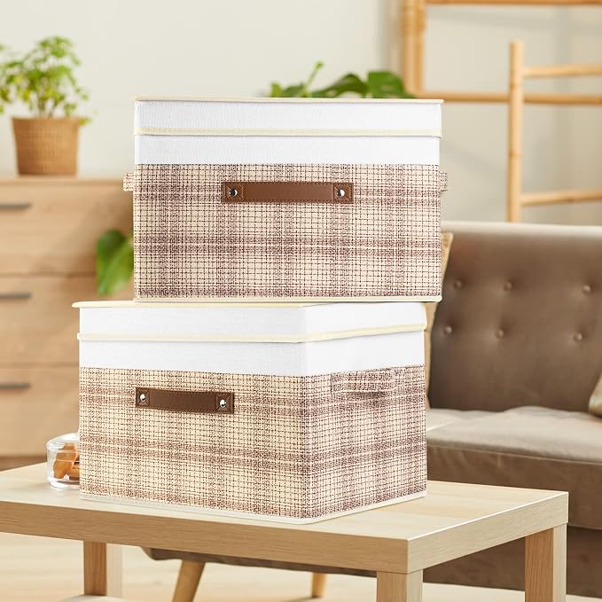 TYEERS Collapsible Storage Bins with Lids, Patchwork Design, Washable, Fabric Storage Boxes, 14.9x9.8x9.8 inches, 5 Pack, Camel Tan