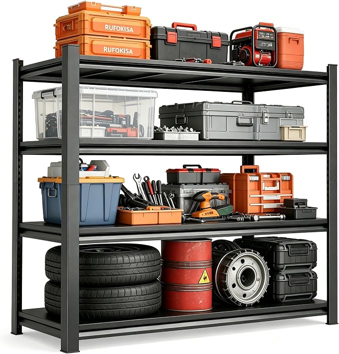 2pack Garage Shelving Heavy Duty Storage Shelves for Garage, 2500 LBS Adjustable 4 Tier Shelving Unit, Metal Garage Shelving for Industrial, Basement, Warehouse (54''Hx46''Wx16''D, Black)