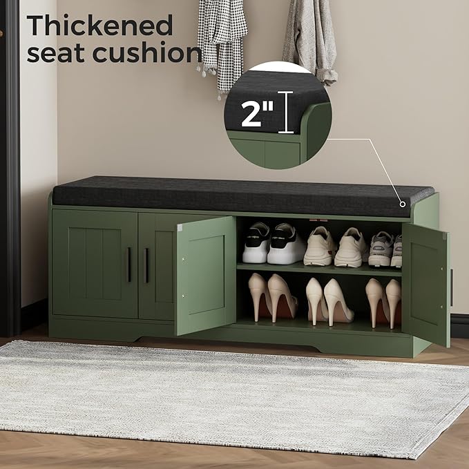 Homleke Shoe Storage Bench, 4 Doors & Thickened Padded Seat Cushion | 2-Tier Shoe Bench, Entryway Bench, Adjustable Shelf, 13.8" D x 45.3" W x 18.5" H, for Living Room, Bedroom, Green