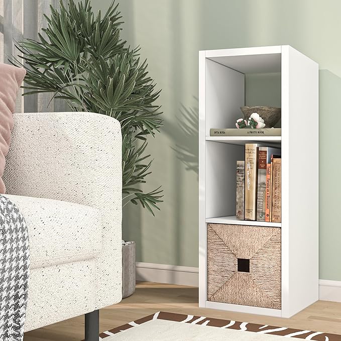 CTESNE【2026 Wooden Thick Frame 3 Cube Storage Organizer Shelf with Anti-Tipping Kits + Reversible Open Back Bookcase, Horizontal and Vertical Dual-use（White,11inch）