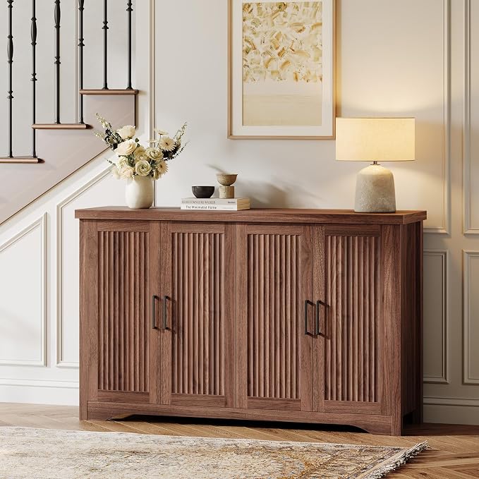55" Fluted Sideboard Buffet Cabinet with Storage,Walnut | Modern Credenza with 4 Doors & Adjustable Shelves,Coffee Bar Table Console for Dining Room Kitchen Living Room Entryway