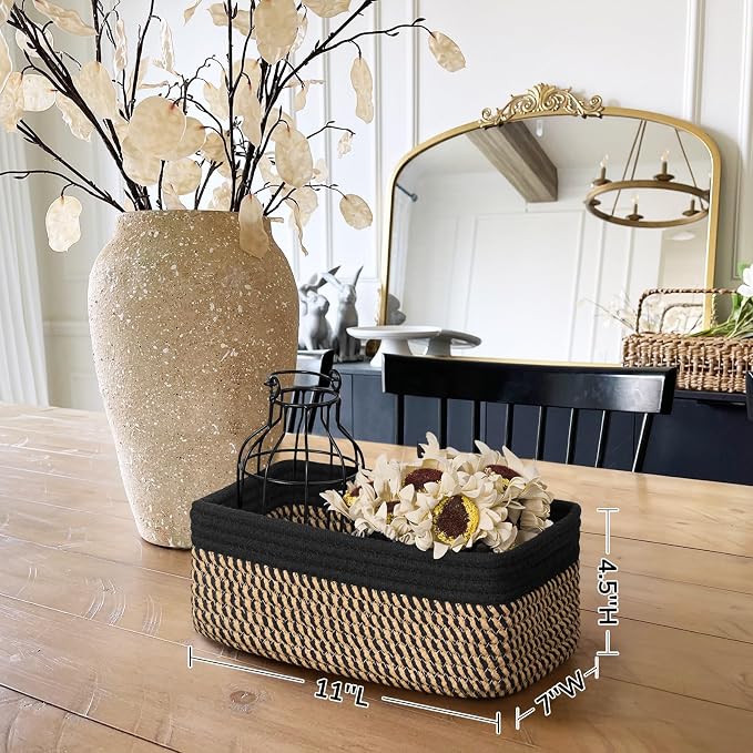 Goodpick 3-Pack Wicker Storage Baskets for Organizing, 11 x 7 x 4.5 in | Woven Baskets for Shelves, Closet Organizer Bins,Empty Baskets for Gifts, Woven Basket for Play Room, Black & Jute