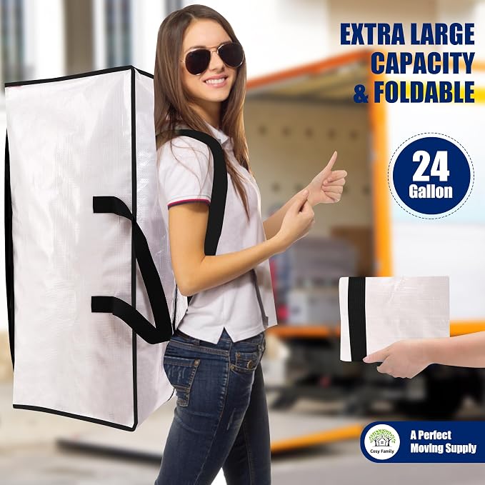 Cosy Family 4 Pack Heavy Duty Extra Large Moving Bags with Backpack Straps - Strong Handles & Zippers, Storage Totes For Space Saving, Fold Flat, Alternative to Moving Box (Set of 4, Clear)