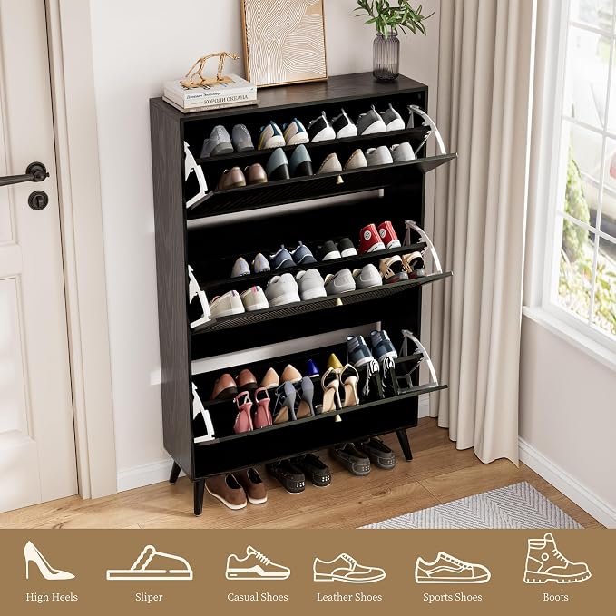 Fsbecl Shoe Storage Cabinet for Entryway with 3 Fluted Flip Drawers, Black | Narrow Design, Freestanding Shoe Rack with Adjustment Shelves, Wooden Hidden Organizer for Hallway Foyer, 18-24 Pairs