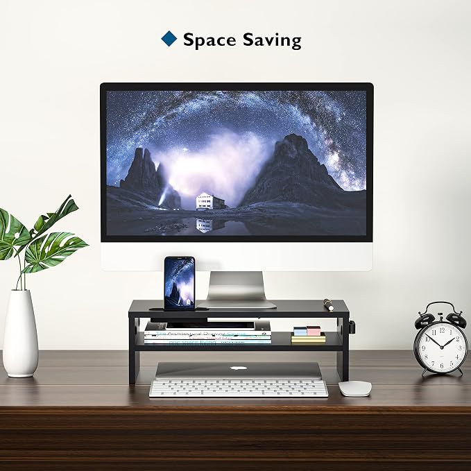 BONTEC Wooden Monitor Stand Riser for Desk, 2-Tier Computer Monitor Stand | 66 lbs Desk Shelf Organizer with Storage, Laptop & Printer Stand with Phone Holder and Cable Management, Black, 16.5 Inch