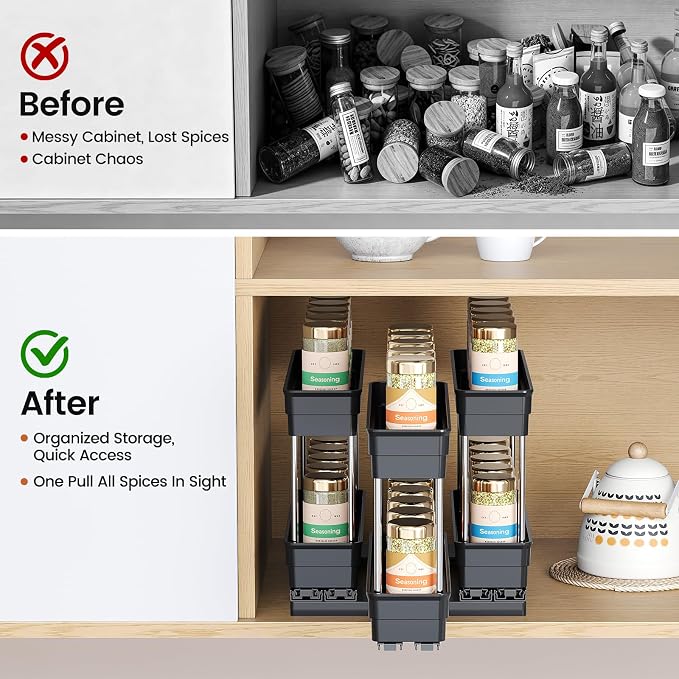 Mystozer Pull Out Spice Rack Organizer for Cabinet, Slide Out Spice Racks Organizer, Easy to Install Spice Cabinet Organizers, 8.5''Wx10.5''Dx8.3''H, 3 Drawers - 2 Tiers (Black)