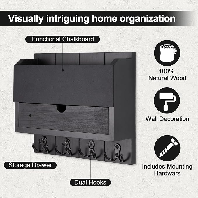 Mail and Key Holder Wall Mount with Storage Drawer & Chalkboard Panel | Modern Wooden Mail Organizer for Wall Entryway, 7 key hooks, Stylish Home Decor for Apartments, Living Room, Office