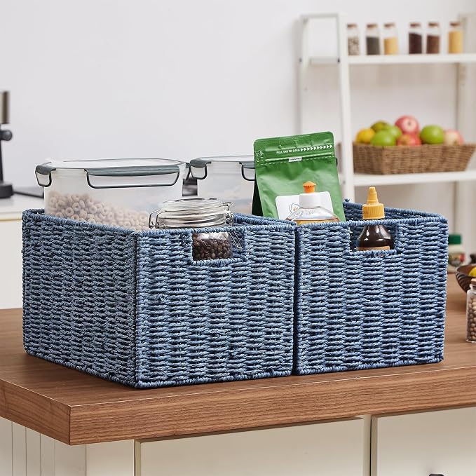 Vagusicc Wicker Storage Basket, Set of 2 Hand-Woven Paper Rope Wicker Basket, Small Storage Baskets for Organizing Toilet Paper Basket, Foldable Large Cube Storage Organizer Bins for Shelves (Blue)