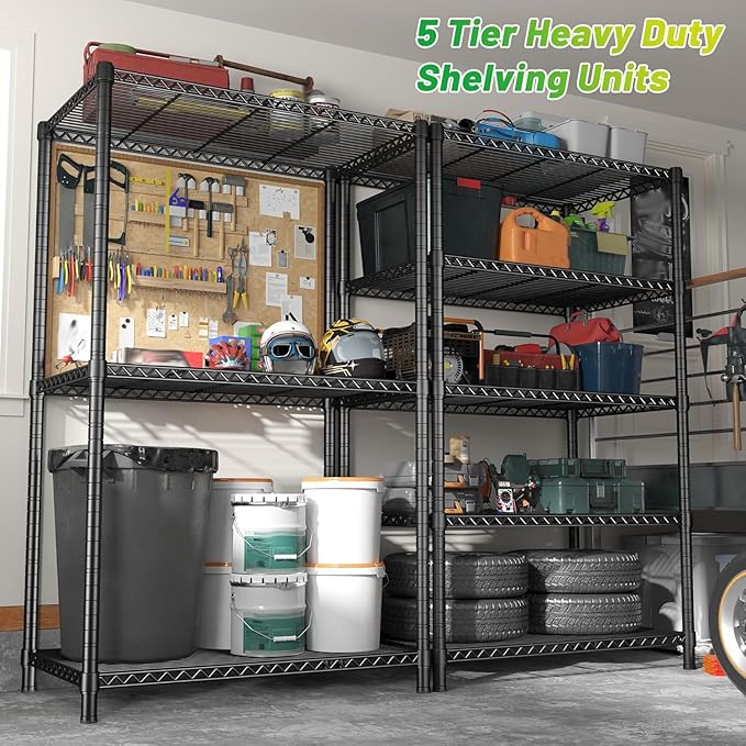 REIBII 72''H Metal Shelving 5-Tier Storage Shelves,1100lbs, Kitchen Pantry | Adjustable wire shelves,220 lbs/shelf, safety locks,adjusatble leveling feet,tool-free setup,fits garage, bathroom,commercial