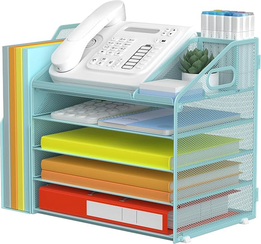 DocNest 5 Tier Metal Mesh Desk File Organizer with Phone Shelf, Blue | Desktop letter tray sorter features a 9.1x9.1 inch top phone holder, built-in sticky note compartment and pen holder