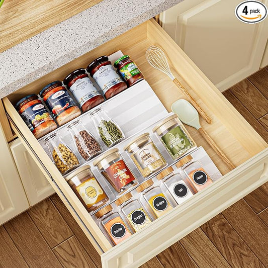 Spice Drawer Organizer 4 Tier, Adjustable White Kitchen Seasoning Rack Tray (13" to 26"), with Anti-Slip Mat, for Cabinet Countertop (Jars Not Included)-White