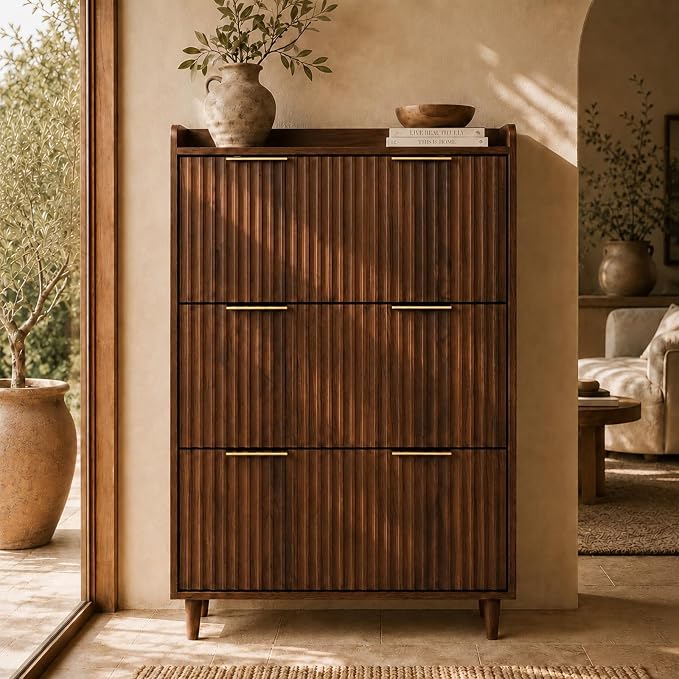VINGLI Fluted Shoe Storage Cabinet for Entryway with 3 Flip Drawers, Narrow Shoe Organizer with Fluted Panel, Freestanding Wood Hidden Shoe Cabinet for Foyer, Hallway (Dark Walnut, 3 Flip Drawers)