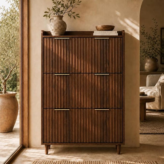 VINGLI Fluted Shoe Storage Cabinet for Entryway with 3 Flip Drawers, Narrow Shoe Organizer with Fluted Panel, Freestanding Wood Hidden Shoe Cabinet for Foyer, Hallway (Dark Walnut, 3 Flip Drawers)