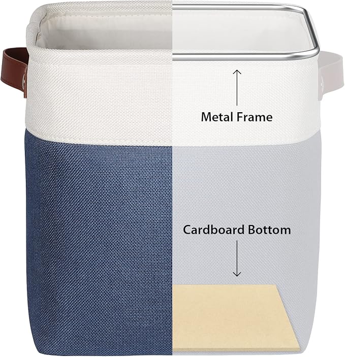 Univivi Fabric Cube Bins Set of 4 Storage Baskets with PU Handles for Home Closet Foldable Storage Bins (Blue, 10.5" x 10.5" x 11") | Hard Cardboard Bottom,Metal Frame,Foldable,PU Handles,Linen Closet Baskets for Shelves
