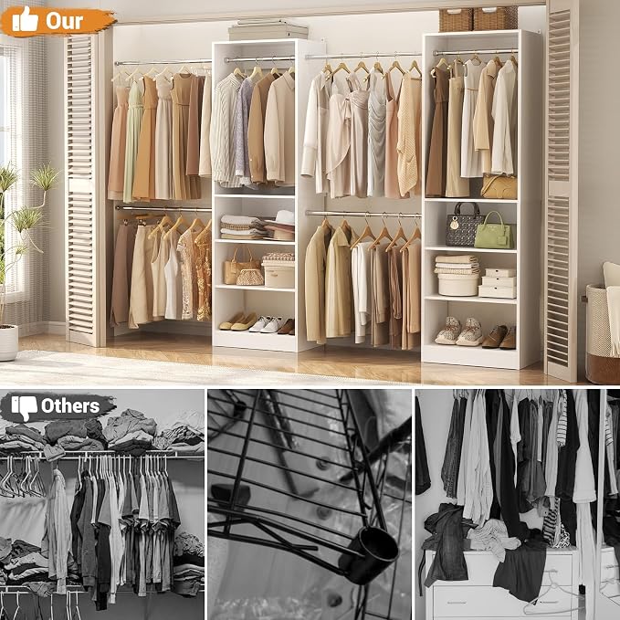 Closet System, 4.5-11.5 Ft Expandable Closet Organizer, White | 5 Hanging Rods, Walk-in Wood Closet Organizer System with Storage Tower, Heavy Duty Garment Rack Wardrobe for Bedroom