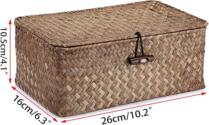 Hipiwe Wicker Shelf Baskets Bin with Lid Small Handwoven Storage Basket Box | Natural Seagrass Basket Bins Rectangular Household Basket Boxes for Shelf Wardrobe Home Organizer, Coffee