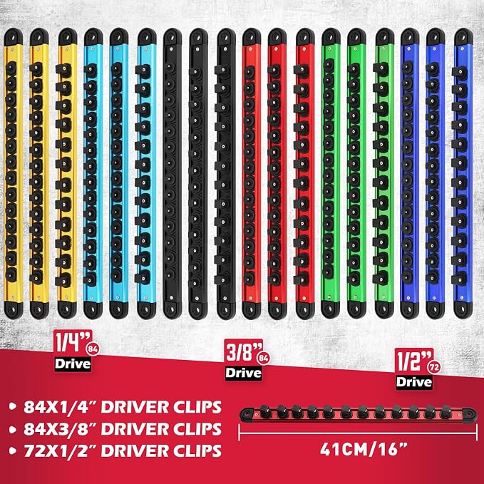 18-Piece Magnetic Socket Holder Organizer Set (Holds 240 Sockets), Heavy Duty 1/2, 3/8, 1/4-Inch Socket Racks Premium Quality Socket-Clip Rail Holder Aluminum Sockets Rack Kit for Tool Box Drawer