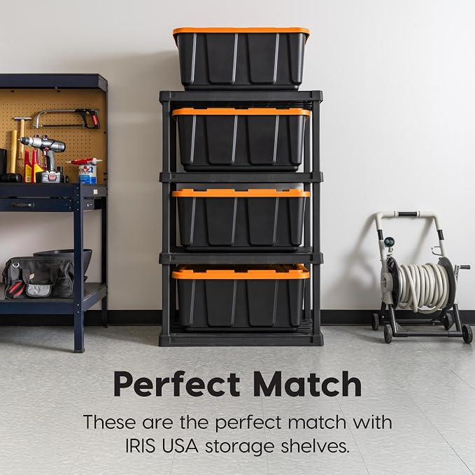IRIS USA 3-Pack 27 Gal Heavy Duty Storage Tote Bins with Lids, Orange | Large-capacity design stores seasonal gear, moving supplies and equipment, Stackable shape supports efficient organization