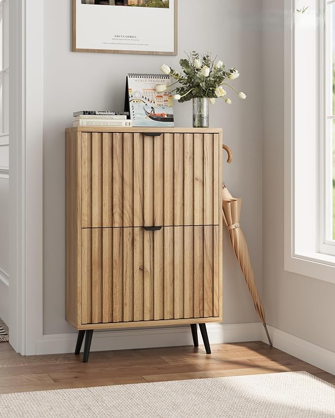 Shoe Storage Cabinet, Fluted Shoe Cabinet Storage for Entryway, Hidden Shoe Cabinet with Metal Legs,Shoe Organizer Cabinet with Flip Doors, Slim Entryway Shoe Storage Cabinet,Natural Wood-23.5in