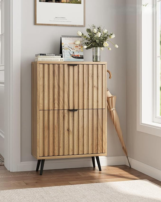 Shoe Storage Cabinet, Fluted Shoe Cabinet Storage for Entryway, Hidden Shoe Cabinet with Metal Legs,Shoe Organizer Cabinet with Flip Doors, Slim Entryway Shoe Storage Cabinet,Natural Wood-23.5in