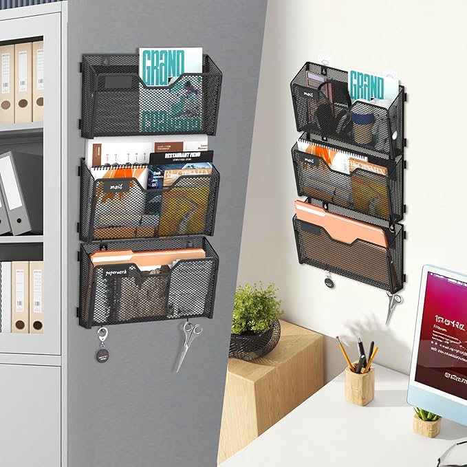 SUPEASY 6-Pack Magnetic File Holder with Hooks and Label Panels, Black | Magnetic File Folder Holder for Whiteboards, Lockers and Cabinets with 6 Letter-Size Pockets, Label Panels and 8 Hooks