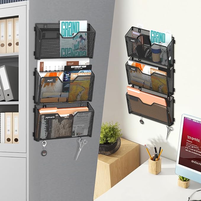 SUPEASY 3-Pack Magnetic File Holder with Hooks and Label Panels, Black | Magnetic File Folder Holder for Whiteboards, Lockers and Cabinets with 3 Letter-Size Pockets, Label Panels and 8 Hooks
