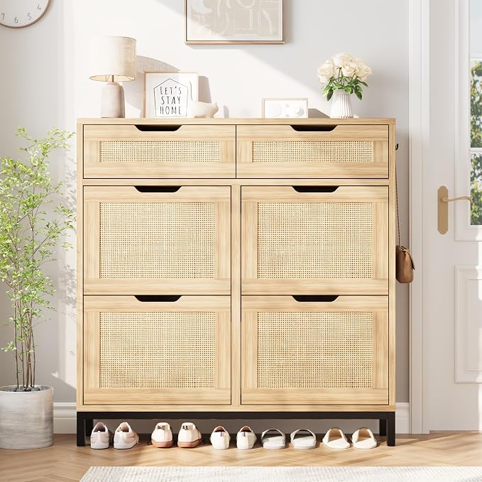Jocoevol Rattan Shoe Cabinet for Entryway, Boho Shoe Storage Cabinet with 4 Flip Drawers and 2 Drawers, Narrow Freestanding Shoe Rack with Metal Legs for Entryway/Hallway/Foyer (Natural)