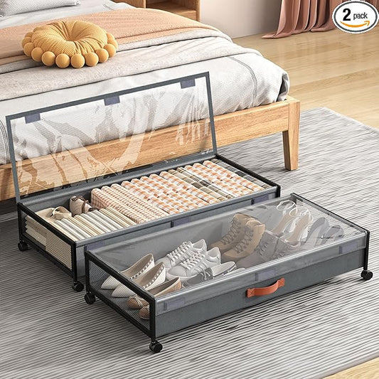 Under Bed Storage Containers with Wheels Large Underbed Shoes Blankets Clothes Toy Storage Drawers for College Dorms Bedrooms Nursery Rooms Organization (Grey 2 Pack, 7.5in height(36"x16.6"x7.48"))
