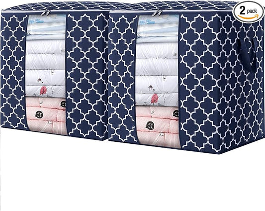 WISELIFE Storage Bags 2 Pack/100L Large Blanket Clothes Organization and Storage Containers for Comforters,Bedding, Foldable Organizer with Reinforced Handle, Clear Window, Sturdy Zippers,Blue