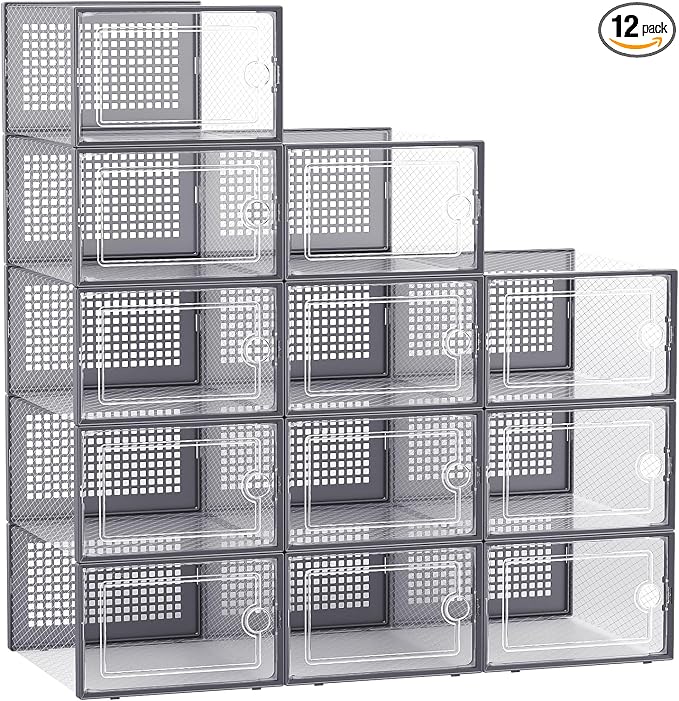 Kuject 12 Pack Large Shoe Boxes, Clear Stackable Containers with Lids,Grey | Shoe organizers for closet & entryway, under-bed,Drop-front design fits women's size 10