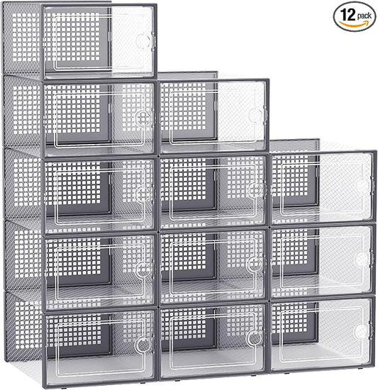 Kuject 12 Pack Large Shoe Boxes, Clear Stackable Containers with Lids,Grey | Shoe organizers for closet & entryway, under-bed,Drop-front design fits women's size 10
