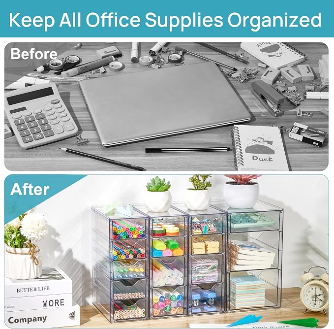 Vtopmart 4 Set Acrylic Desk Organizer with 16 Drawers for Office, Makeup | Clear Storage Drawers for Office Supplies, Desktop Organization for Makeup, Jewelry, Art Crafts, Bead, Pen, Stationary