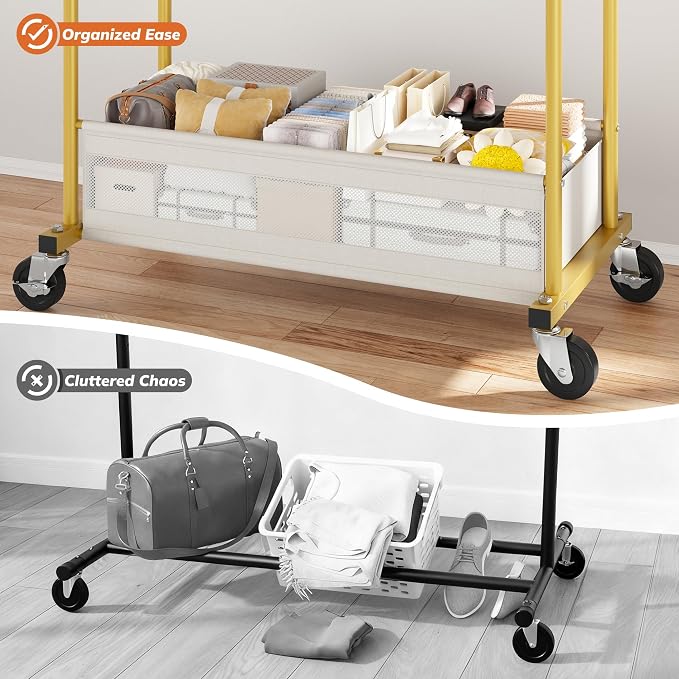 Clothes Rack 210 LBS Double Rods Extra Storage Basket | Rustproof Coated Steel, Anti-bending Design, 360° Sturdy Wheels, 10-Min Tool-Free Assembly, Metal Garment Rack for Home