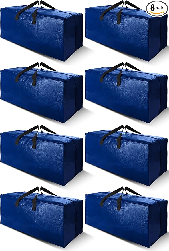 Cosy Family 8 Pack Heavy Duty Extra Large Moving Bags with Backpack Straps - Strong Handles & Zippers, Storage Totes For Space Saving, Fold Flat, Alternative to Moving Box (Set of 8, Blue)