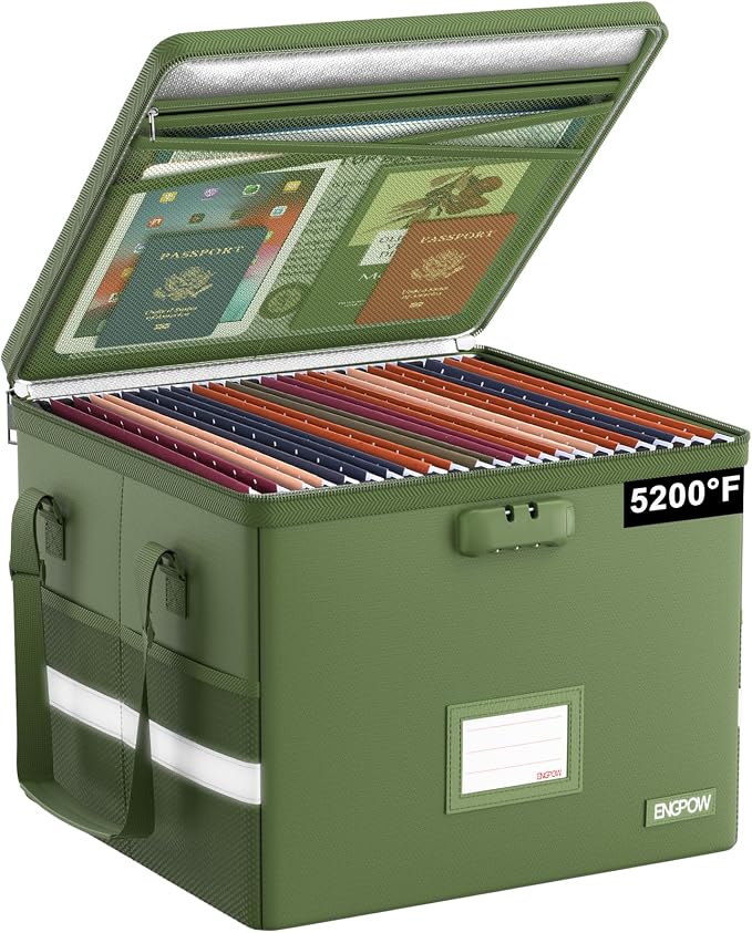 ENGPOW 5200°F File Box Fireproof Document Box with Lock,Heat Insulated Collapsible File Storage Organizer Box with Handle,Portable Home Office File Cabinet for Hanging Letter/Legal Size Folder, Green