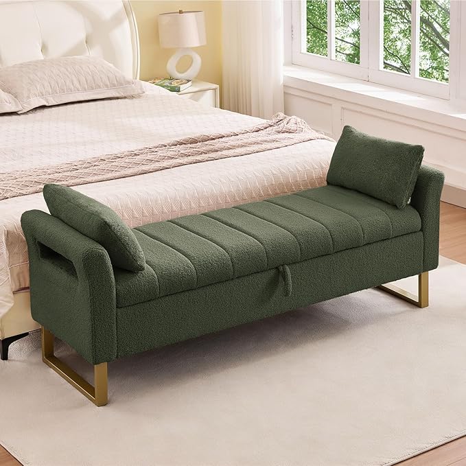 66" Storage Bench for Bedroom Upholstered End of Bed Bench King Size Green | Long Bedroom Benches for Foot of Bed King,Teddy Storage Bed Bench with Gold Legs,2 Pillows for Entryway Windows Cloakroom