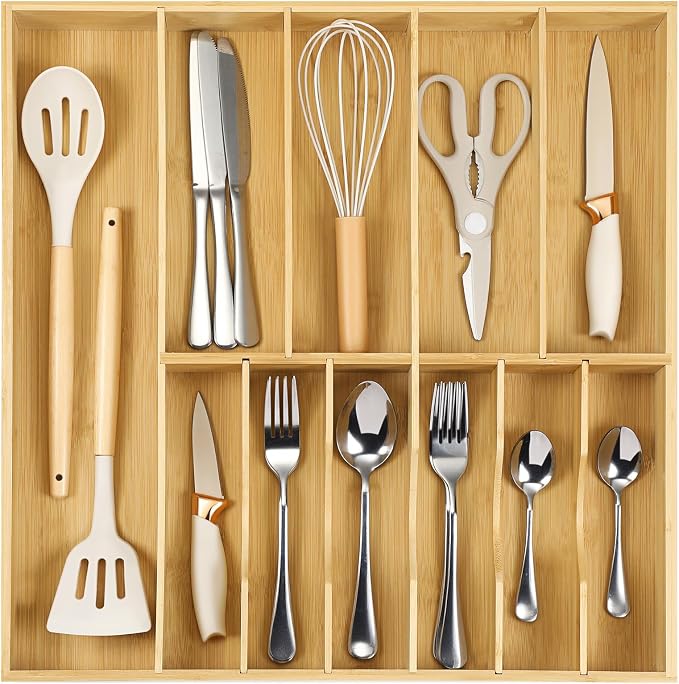 Fabsome Silverware Organizer for Kitchen Drawers, 2.5'' Deep 18.8'' Wide Bamboo Wood Flatware Tray with Deep Slots for Large Cutlery Utensil Drawer