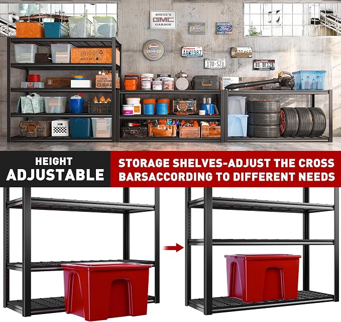 REIBII 48.2" W Storage Shelves for Garage, Adjustable Garage Shelving | 48.2" W x 24.5" D x 72" H, 5 Tier Metal Shelving, 3010LBS Load Capacity, Rust-Resistant Coating, 10-Minute Assembly