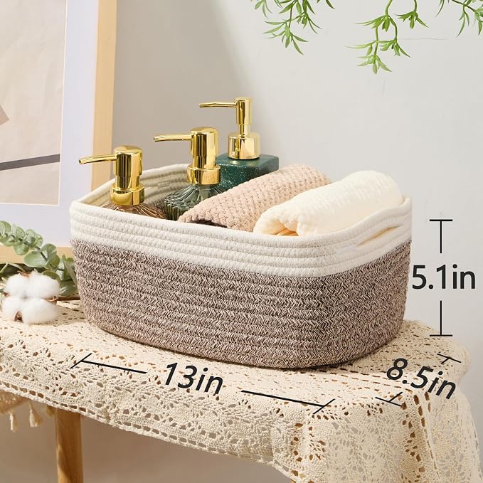 MiniArk Small Storage Baskets for Organizing | Closet Organizer Bins | Shelf Toy Basket | Woven Rope Baskets | Cube Decorative Box | Shallow Basket | 13x8.5x5.1” | 4 Packs White Brown