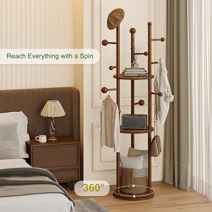 FROMJBEST Coat Rack Freestanding, Coat Tree Entryway, Mid-Century, Walnut | Freestanding, Solid Wood, 9 Hooks & 3 Shelves, for Entryway, Hallway, Bedroom, Living Room, Office, Holds Bags, Hats, Purses