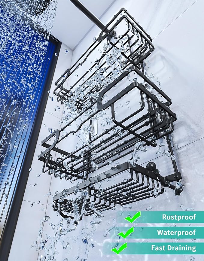 HapiRm Bathroom Hanging Shower Caddy - Rustproof & Waterproof Shower Shelf with 12 Hooks and 2 Soap Holders, No Drilling Bathroom Organizers and Storage - Black