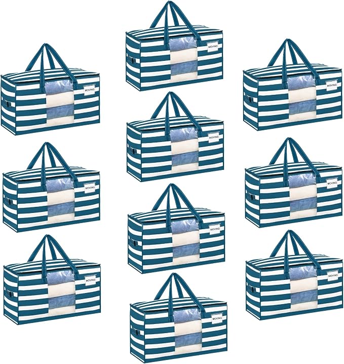 VENO Moving Bags, Wide Open Top, Clear Window, Classic Navy Stripe, 10 Pack | Moving boxes Alternative, Heavy Duty, Storage Bags, Clothes and Comforter Storage, Packing Supplies, College Dorm Essentials