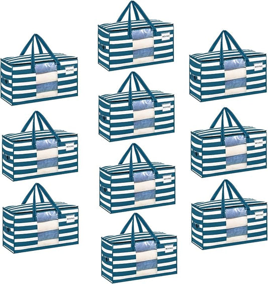 VENO Moving Bags, Wide Open Top, Clear Window, Classic Navy Stripe, 10 Pack | Moving boxes Alternative, Heavy Duty, Storage Bags, Clothes and Comforter Storage, Packing Supplies, College Dorm Essentials