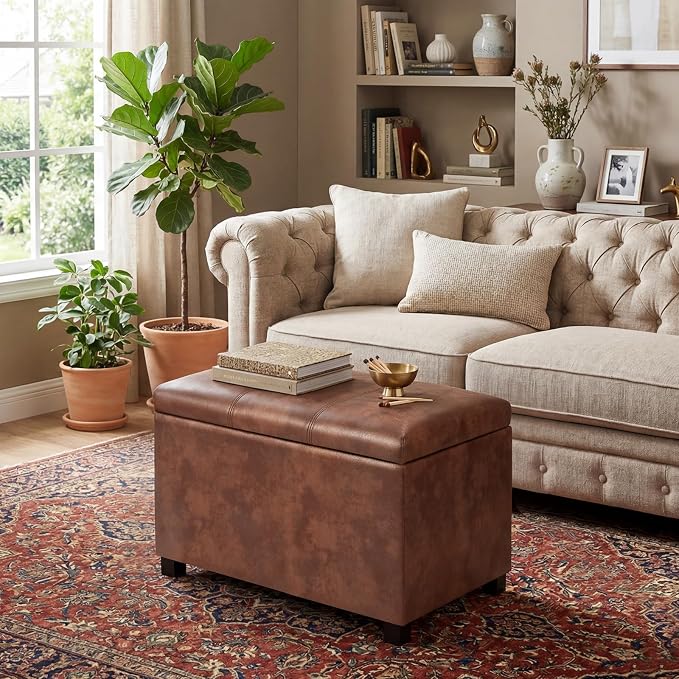 24" Leather Storage Ottoman Bench, Rectangle Foot Rest Stool for Living Room, Bedroom, Entryway, Coffee