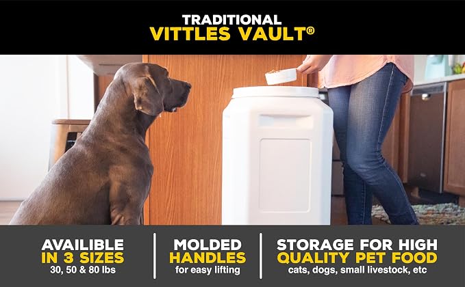 Vittles Vault Traditional Pet Food Storage Container For Dog Kibbles/Bird Seed/Oatmeal/Rice/Flour/Cereal, BPA Free Plastic, Sealed Airtight For Cat Food, Up To 30 lb, Made in USA, With Scoop, Gray